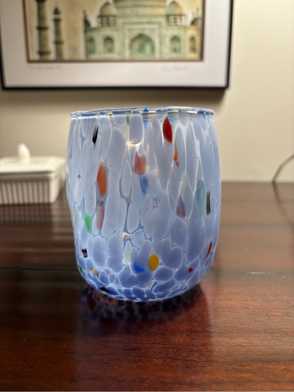 Murano Handblown Blue Speckled Glass Vase or Candleholder